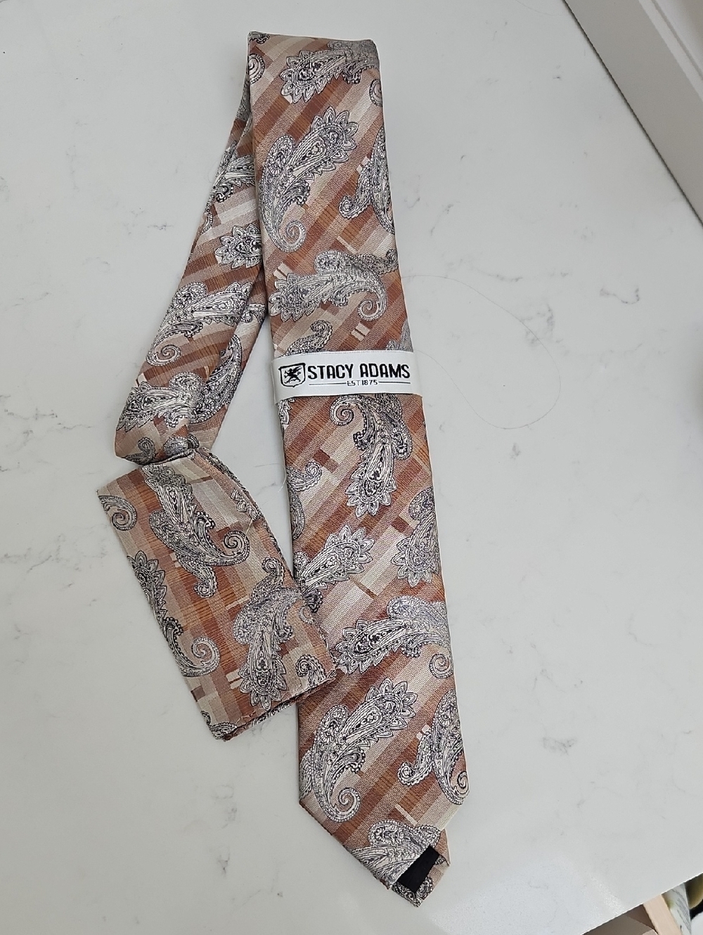 New Men's Stacy Adams Tan and Silver Paisley 100% Microfiber Tie